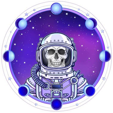 Animasyon astronot iskeleti uzay giysisi. Çizim rengi. Arka plan - gece yıldızlı gökyüzü, ay aşaması daire. Vektör çizim. Baskı, poster, tişört, kart.