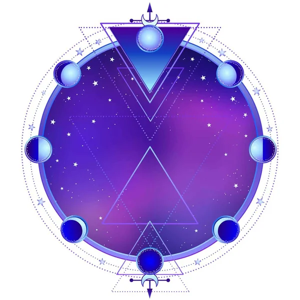 Geheimnisvoller Hintergrund Nachthimmel Kreis Einer Mondphase Heilige Geometrie Esoterik Mystik — Stockvektor
