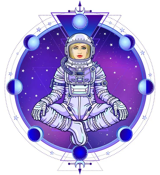 Imaginea Unei Femei Astronaut Care Stă Într Poziție Buddha Meditație — Vector de stoc