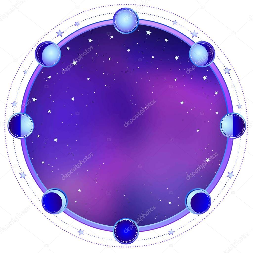 Mysterious background: night star sky, circle of a phase of the moon.  Esoteric, mysticism, occultism. Print, poster, t-shirt, card. Vector illustration. Place for the text.
