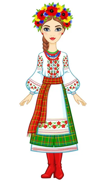 Πορτραίτο Κινούμενα Σχέδια Την Ουκρανική Κοπέλα Παραδοσιακά Ρούχα Πλήρης Ανάπτυξη — Διανυσματικό Αρχείο