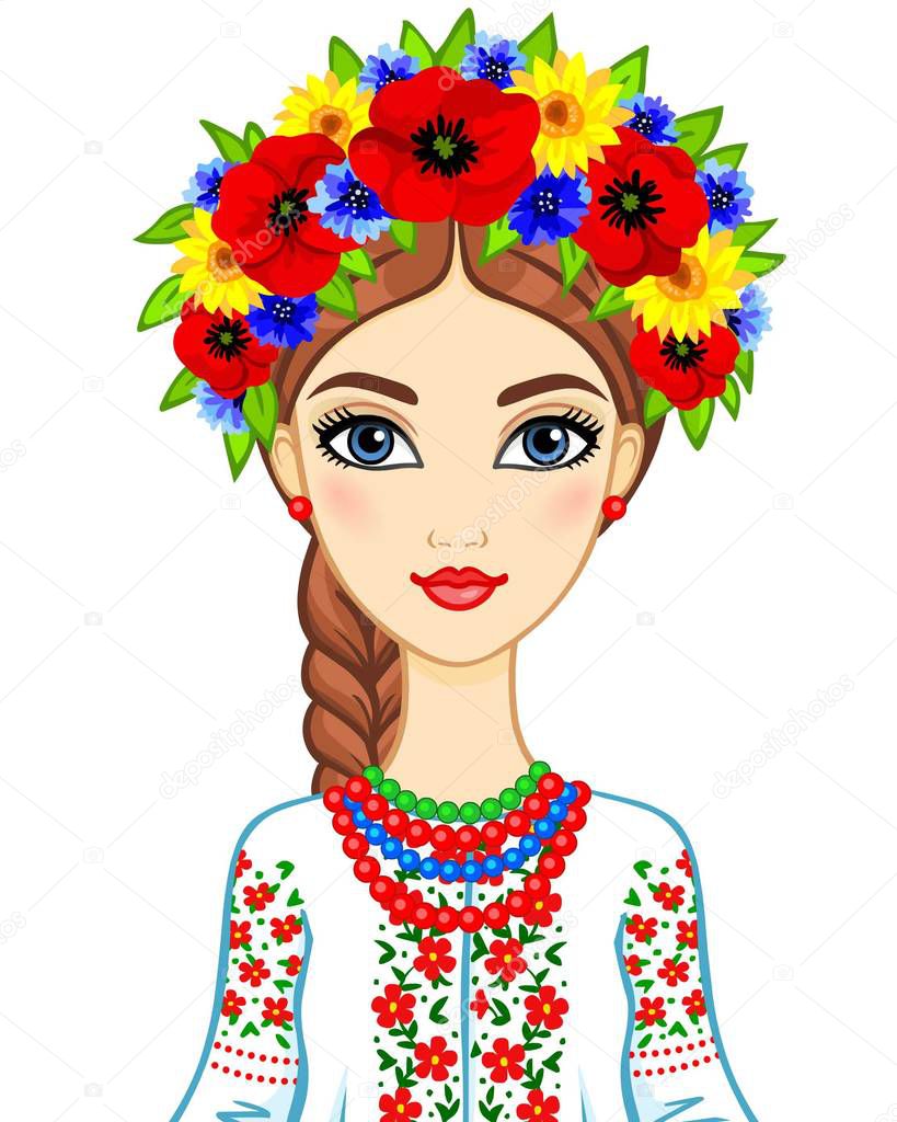 Animation portrait of the young Ukrainian girl in traditional clothes. Vector illustration isolated on a white background.