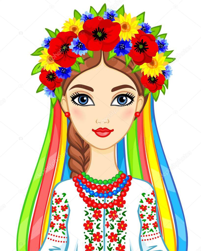 Animation portrait of the young Ukrainian girl in traditional clothes, a wreath and tapes. Vector illustration isolated on a white background.