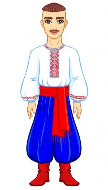 Animasyon geleneksel giysiler içinde genç Ukraynalı adam portresi. Tam büyüme. Beyaz bir arka plan üzerinde izole vektör çizim.