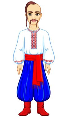 Animasyon geleneksel giysiler içinde genç Ukraynalı adam portresi. Tam büyüme. Beyaz bir arka plan üzerinde izole vektör çizim.
