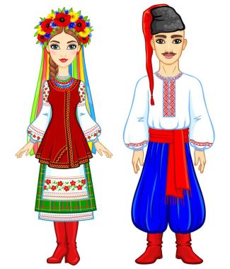 Animasyon Ulusal giysiler Ukraynalı aile portresi. Tam büyüme. Doğu Avrupa. Beyaz bir arka plan üzerinde izole vektör çizim.