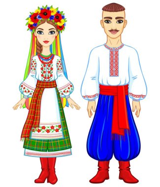 Animasyon Ulusal giysiler Ukraynalı aile portresi. Tam büyüme. Doğu Avrupa. Beyaz bir arka plan üzerinde izole vektör çizim.