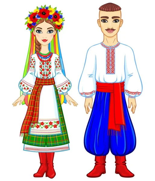 Animasyon Ulusal giysiler Ukraynalı aile portresi. Tam büyüme. Doğu Avrupa. Beyaz bir arka plan üzerinde izole vektör çizim.