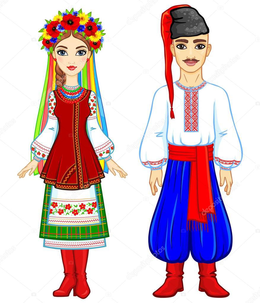 Animation portrait of the Ukrainian family in national  clothes. Full growth. Eastern Europe. Vector illustration isolated on a white background.