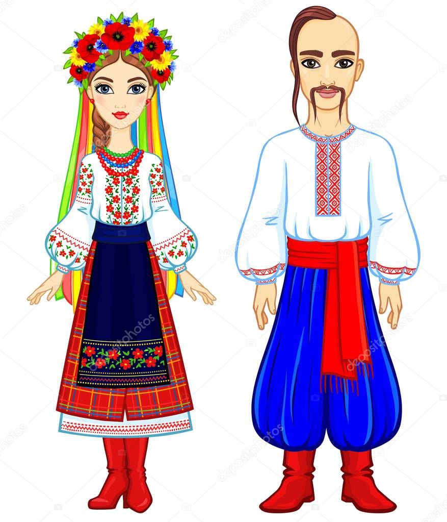 Animation portrait of the Ukrainian family in national  clothes. Full growth. Eastern Europe. Vector illustration isolated on a white background.