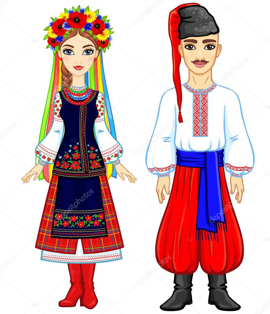 Animation portrait of the Ukrainian family in national  clothes. Full growth. Eastern Europe. Vector illustration isolated on a white background.