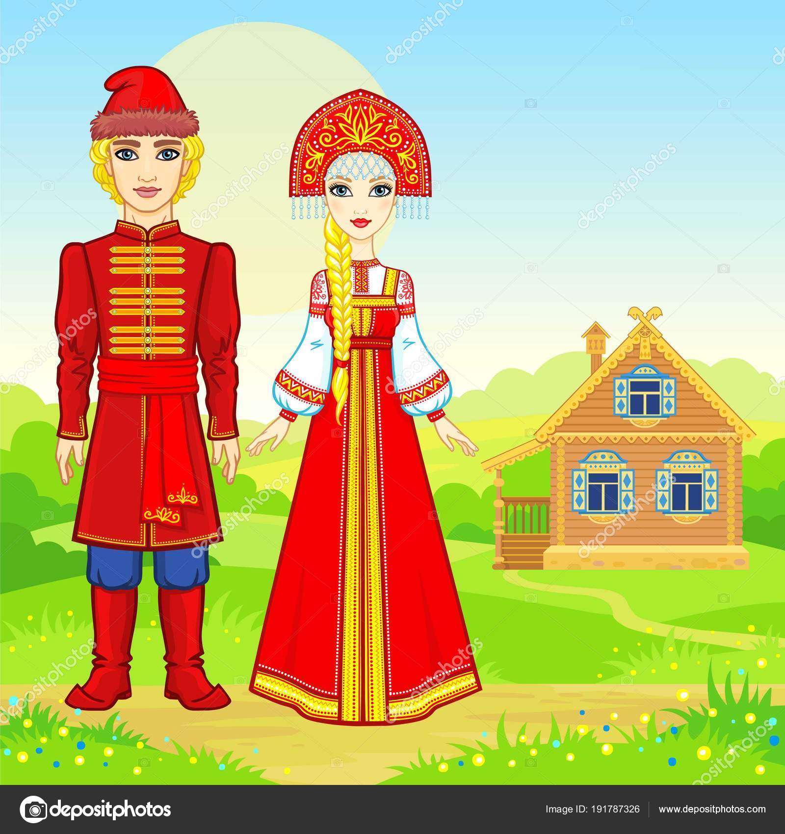 Animatie Portret Van Mooie Russische Familie Traditionele Kleding