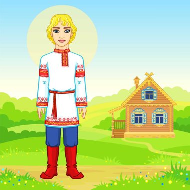 Animation portrait of the young Russian man  in traditional clothes.  Fairy tale character. Full growth. A background - a rural landscape, the ancient house. Vector illustration. clipart