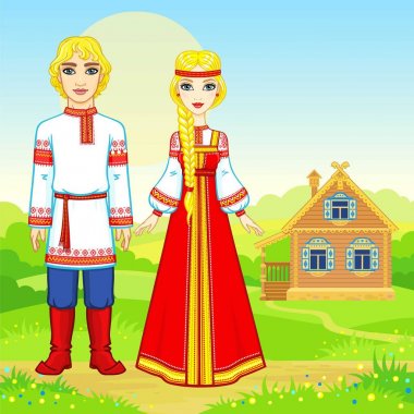 Animasyon geleneksel giysiler içinde güzel Rus aile portresi. Masal karakteri. Tam büyüme. Arka plan - kırsal manzara, eski evi. Vektör çizim.