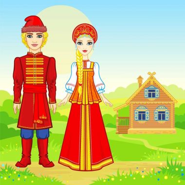 Animasyon geleneksel giysiler içinde güzel Rus aile portresi. Masal karakteri. Tam büyüme. Arka plan - kırsal manzara, eski evi. Vektör çizim.