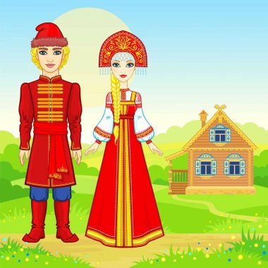 Animasyon geleneksel giysiler içinde güzel Rus aile portresi. Masal karakteri. Tam büyüme. Arka plan - kırsal manzara, eski evi. Vektör çizim.