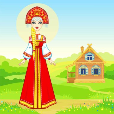 Animasyon geleneksel giysiler içindeki genç Rus kız portresi. Masal karakteri. Tam büyüme. Arka plan - kırsal manzara, eski evi. Vektör çizim.