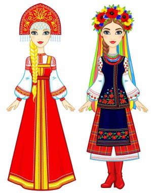 Slav insanlar. Animasyon geleneksel giysiler içinde Rus ve Ukraynalı kadın portresi. Doğu Avrupa. Masal karakteri. Tam büyüme. Beyaz bir arka plan üzerinde izole vektör çizim.