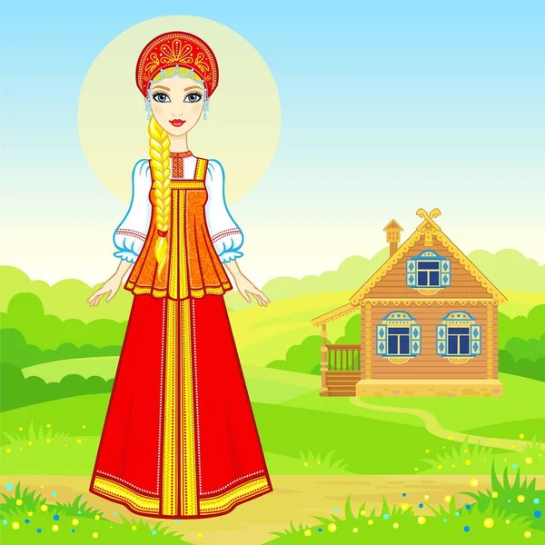 Animation Portrait Young Russian Girl Traditional Clothes Fairy Tale Character — Stock Vector