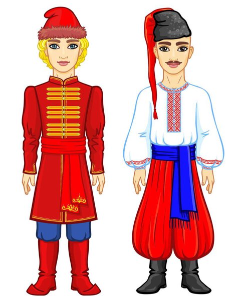 Slavic people. Animation portrait of the Russian and Ukrainian man in traditional clothes. Eastern Europe.  Fairy tale character. Full growth. Vector illustration isolated on a white background.