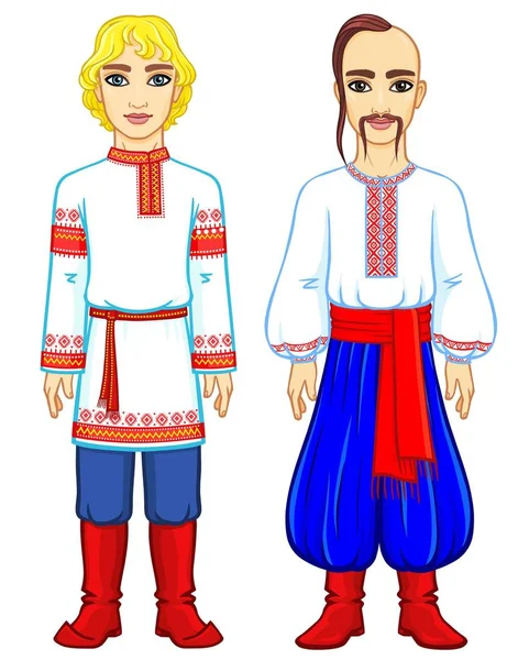 슬라브 사람입니다 전통적인 옷에서 러시아와 우크라이나 사람의 애니메이션 초상화 유럽입니다 — 스톡 벡터