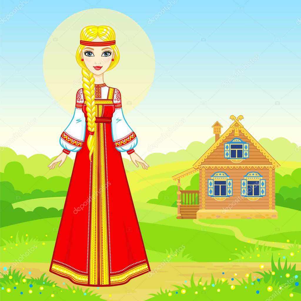 Retrato de animación de la joven rusa vestida con ropa tradicional
