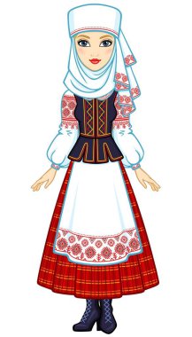Animasyon geleneksel giysiler içindeki genç Belarus kız portresi. Doğu Avrupa. Tam büyüme. Beyaz bir arka plan üzerinde izole vektör çizim.