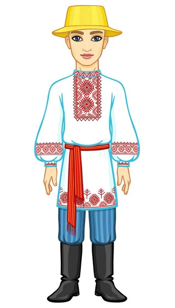 Animation Portrait Young Belarusian Boy Traditional Clothes Eastern Europe Full — Stock Vector