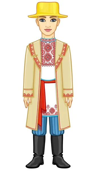Animation Portrait Young Belarusian Boy Traditional Clothes Eastern Europe Full — Stock Vector