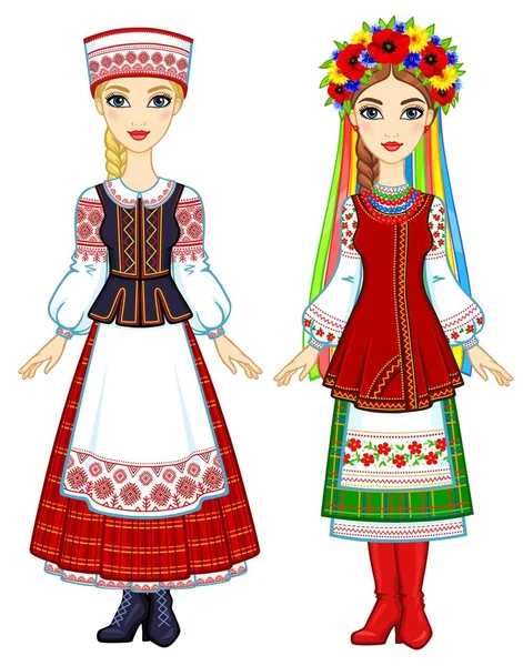 Slavic Beauty Animation Portrait Ukrainian Belarusian Girls National Suits Eastern — Stock Vector
