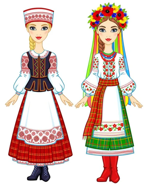 Slawische Schönheit Animationsporträt Der Ukrainischen Und Weißrussischen Mädchen Nationalanzügen Osteuropa — Stockvektor