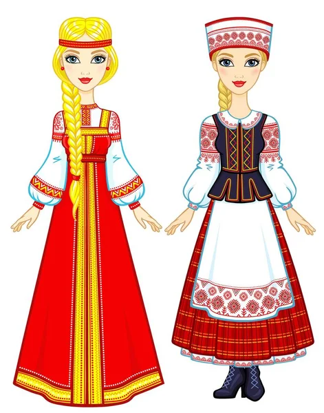 Slavic Beauty Animation Portrait Russian Belarusian Girls National Suits Eastern — Stock Vector