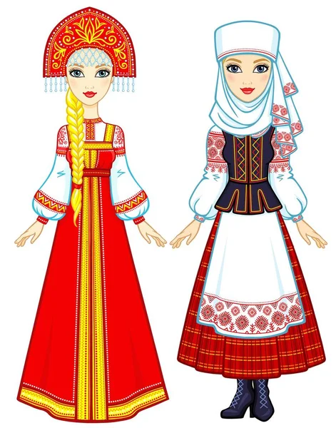 Slavic Beauty Animation Portrait Russian Belarusian Girls National Suits Eastern — Stock Vector