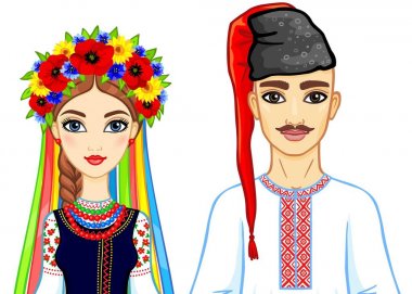 Animasyon Ulusal giysiler Ukraynalı aile portresi. Doğu Avrupa. Beyaz bir arka plan üzerinde izole vektör çizim.