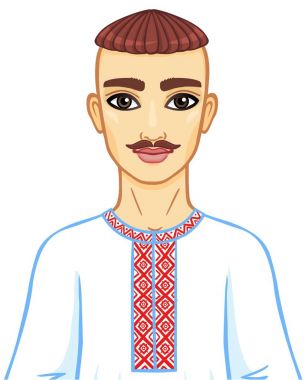 Animasyon Ulusal giysili genç Ukraynalı adam portresi. Doğu Avrupa. Beyaz bir arka plan üzerinde izole vektör çizim.