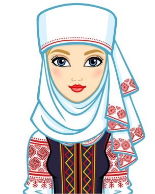 Animasyon geleneksel giysiler içindeki genç Belarus kız portresi. Doğu Avrupa. Beyaz bir arka plan üzerinde izole vektör çizim.