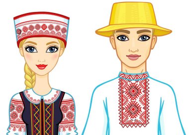 Slav güzellik. Animasyon Ulusal giysiler içinde Belarus aile portresi. Doğu Avrupa. Beyaz bir arka plan üzerinde izole vektör çizim.