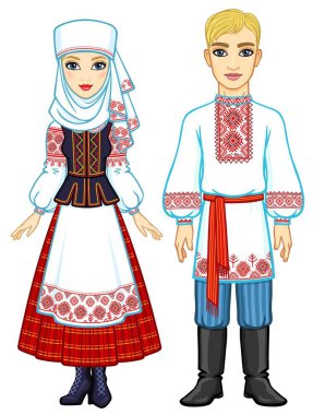 Slav güzellik. Animasyon Ulusal giysiler içinde Belarus aile portresi. Tam büyüme. Doğu Avrupa. Beyaz bir arka plan üzerinde izole vektör çizim.