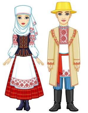 Slav güzellik. Animasyon Ulusal giysiler içinde Belarus aile portresi. Tam büyüme. Doğu Avrupa. Beyaz bir arka plan üzerinde izole vektör çizim.