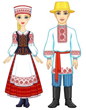 Slav güzellik. Animasyon Ulusal giysiler içinde Belarus aile portresi. Tam büyüme. Doğu Avrupa. Beyaz bir arka plan üzerinde izole vektör çizim.