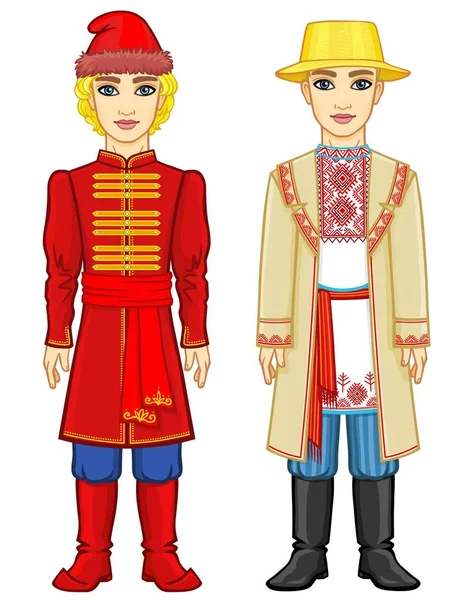 Slavic People Animation Portrait Russian Belarusian Man Traditional Clothes Eastern — Stock Vector