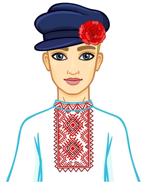 Animation Portrait Young Belarusian Boy Traditional Clothes Eastern Europe Vector — Stock Vector