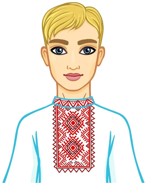 Анимационный Портрет Молодого Белорусского Мальчика Традиционной Одежде Восточная Европа Векторная — стоковый вектор