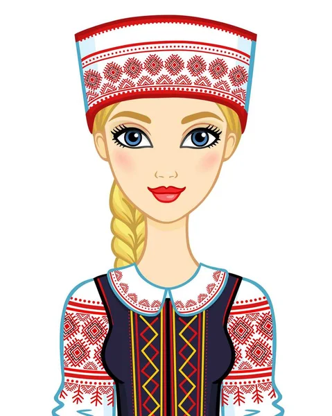 Animasyon Geleneksel Giysiler Içindeki Genç Belarus Kız Portresi Doğu Avrupa — Stok Vektör