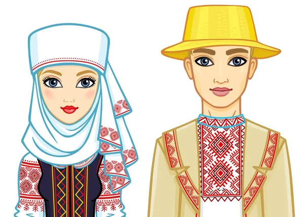 Beleza Eslava Retrato Animação Família Belarusian Roupa Nacional Europa Oriental —  Vetores de Stock