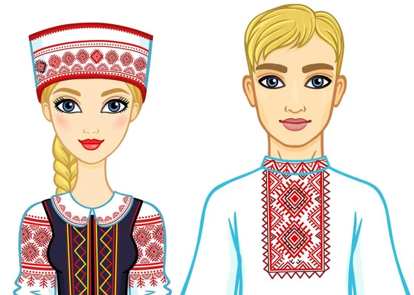 スラブの美しさ アニメーションは国民服でベラルーシの家族の肖像画 東ヨーロッパ 白い背景で隔離のベクトル図 — ストックベクタ