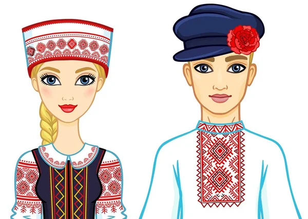 Beleza Eslava Retrato Animação Família Belarusian Roupa Nacional Europa Oriental — Vetor de Stock