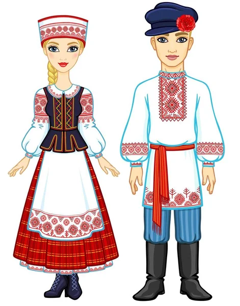 スラブの美しさ アニメーションは国民服でベラルーシの家族の肖像画 完全な成長 東ヨーロッパ 白い背景で隔離のベクトル図 — ストックベクタ