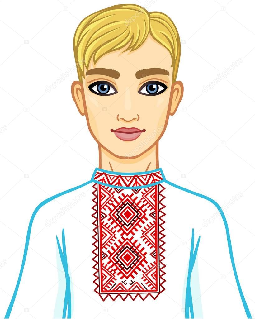 Animation portrait of the young Belarusian boy in traditional clothes. Eastern Europe. Vector illustration isolated on a white background.