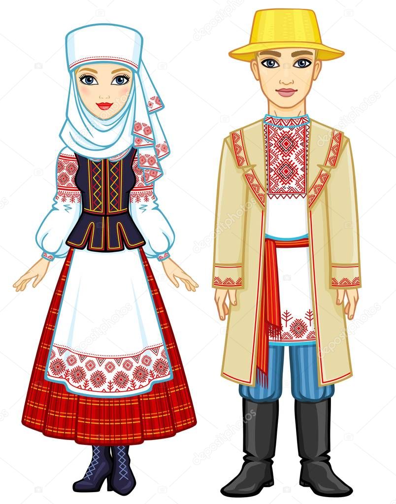 Slavic beauty. Animation portrait of the Belarusian family in national  clothes. Full growth. Eastern Europe. Vector illustration isolated on a white background.